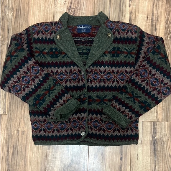 Ralph Lauren Geometric Knit Cardigan in Green and Red Hand Knit 100% wool Sz L - Picture 1 of 7